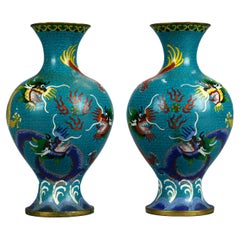 Antique Pair Chinese Meiji Cloisonne Enameled Dragon Vases, Circa 1900