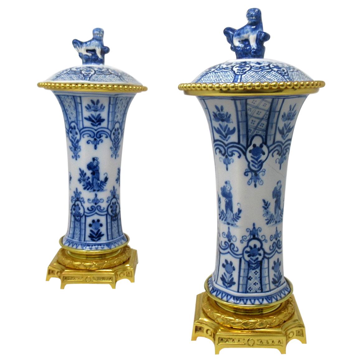 Antique Pair Chinese Porcelain Export Blue White Ormolu Gilt Bronze Urns Vases