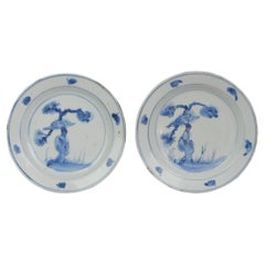 Antique Pair Chinese Porcelain Late Ming 1600-1640 Tianqi Chongzhen Gnarled Pine
