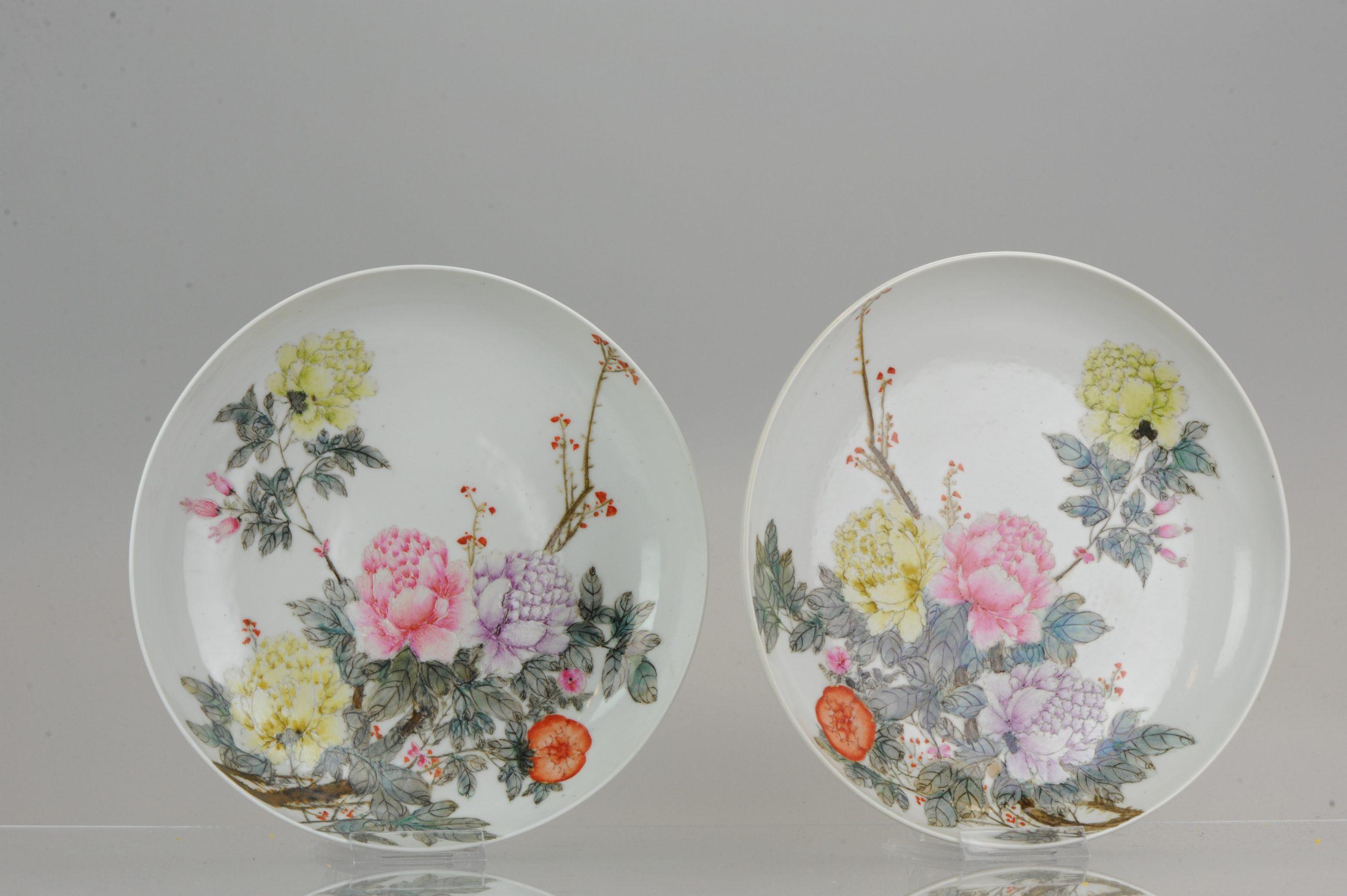 Qing Antique Pair Chinese Porcelain Republic Period Marked Plates Mirroring Flowers For Sale