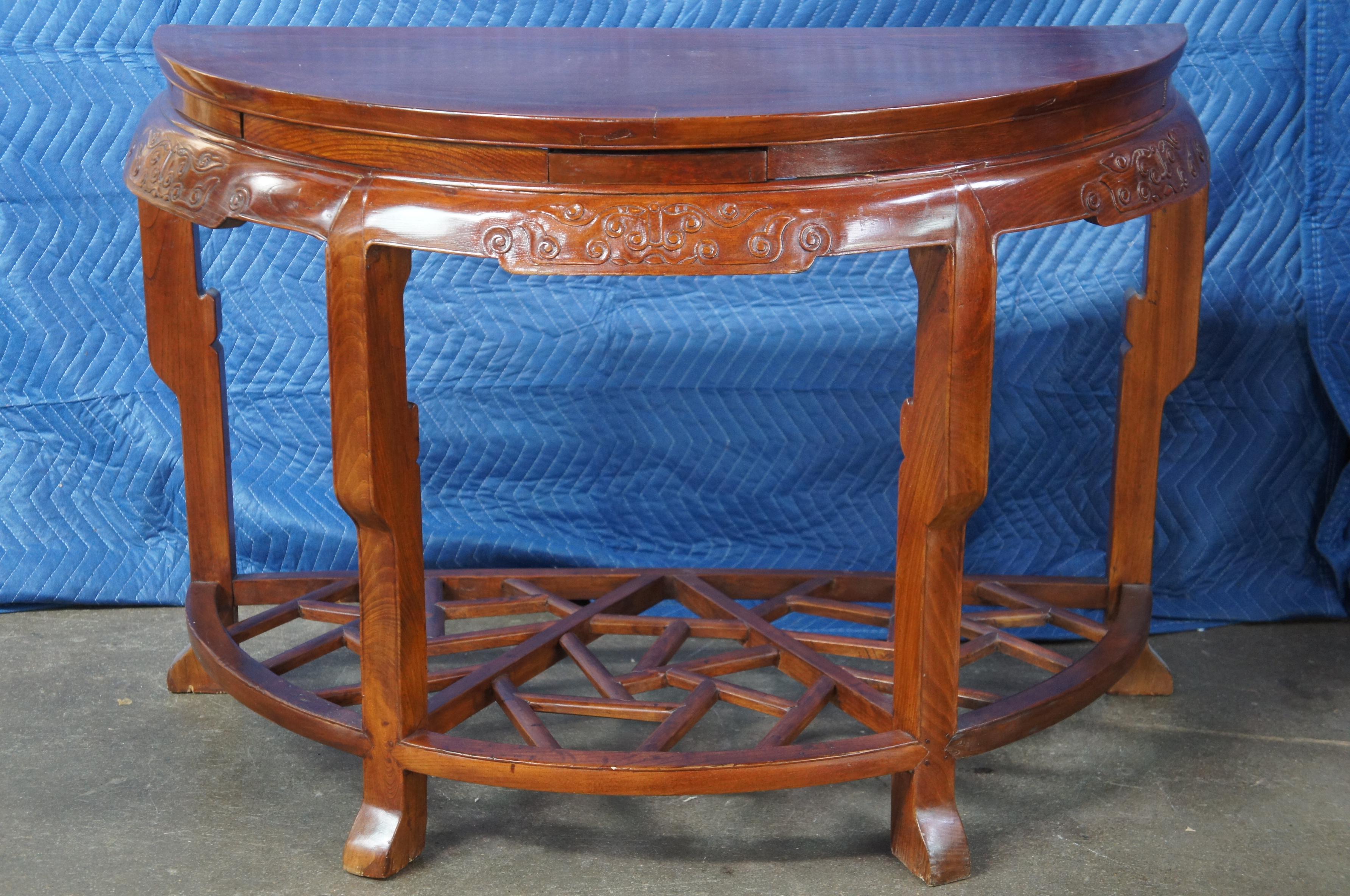 2 Antique Chinese Qing Elm Demilune Half Moon Chinoiserie Console Center Tables In Good Condition For Sale In Dayton, OH