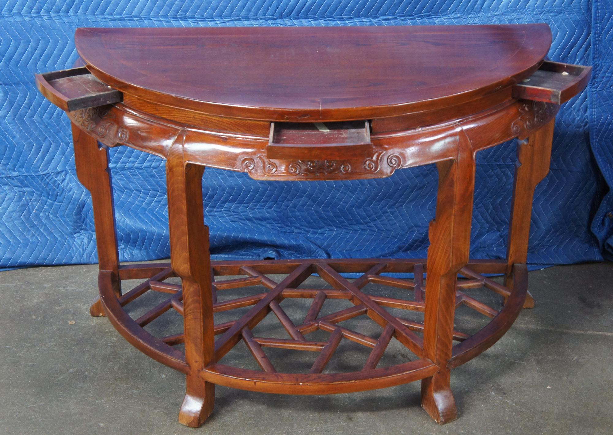 18th Century 2 Antique Chinese Qing Elm Demilune Half Moon Chinoiserie Console Center Tables For Sale