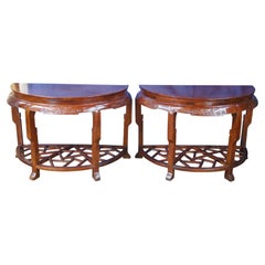 Antique Pair Chinese Qing Elm Demilune Half Moon Chinoiserie Console Tables
