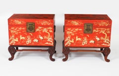 Antique Pair Chineses Red Lacquered Leather Chinoiserie Trunks 19th Century