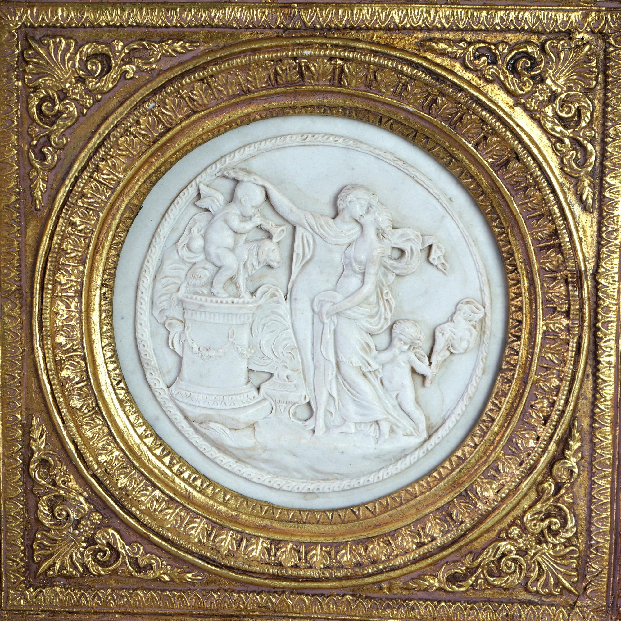 Antique Pair of Classical Carved Marble Plaques with Courting Figures & Cherubi In High Relief, en verso Seal as Photographed, 19th C (more recent giltwood frames)

Measure - overall 11