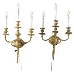 Antique Pair Classical Torchiere Gilt Bronze Three Light Wall Sconces 19th C