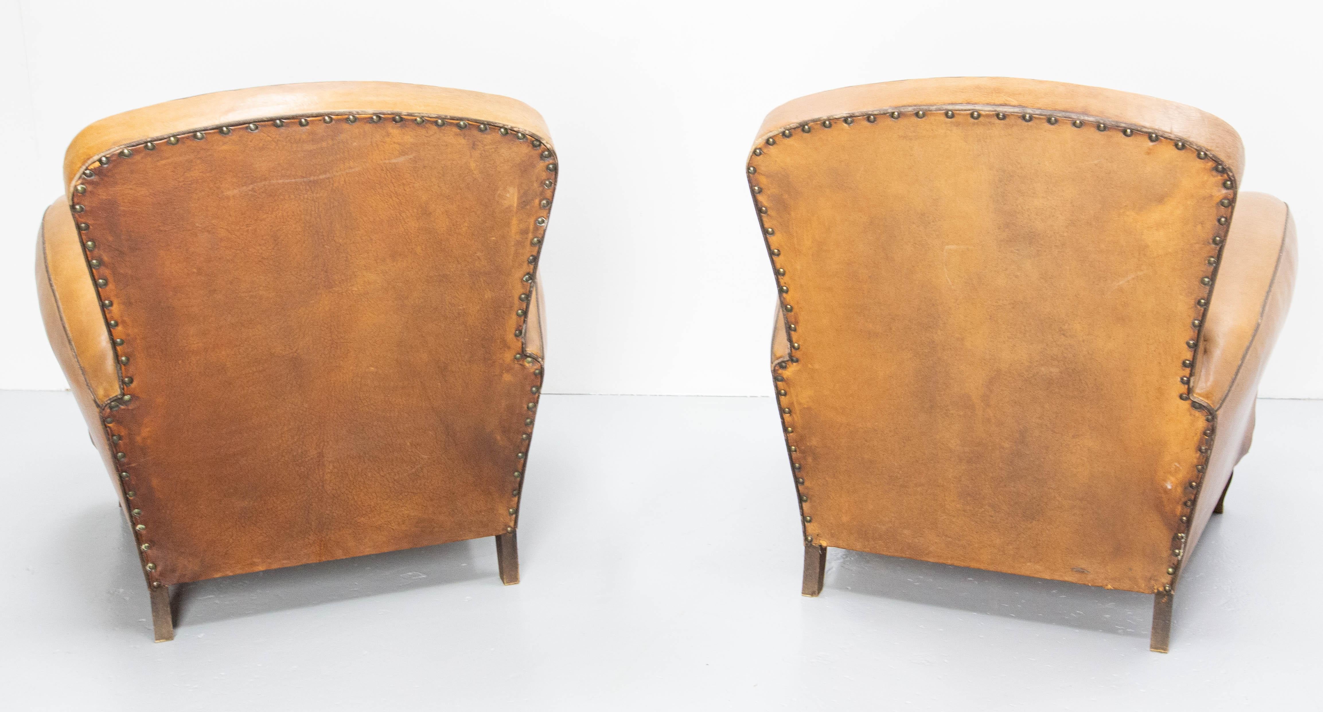 Antique Pair Club Armchair Fauteuil Cognac Leather & Studs French, circa 1940 8