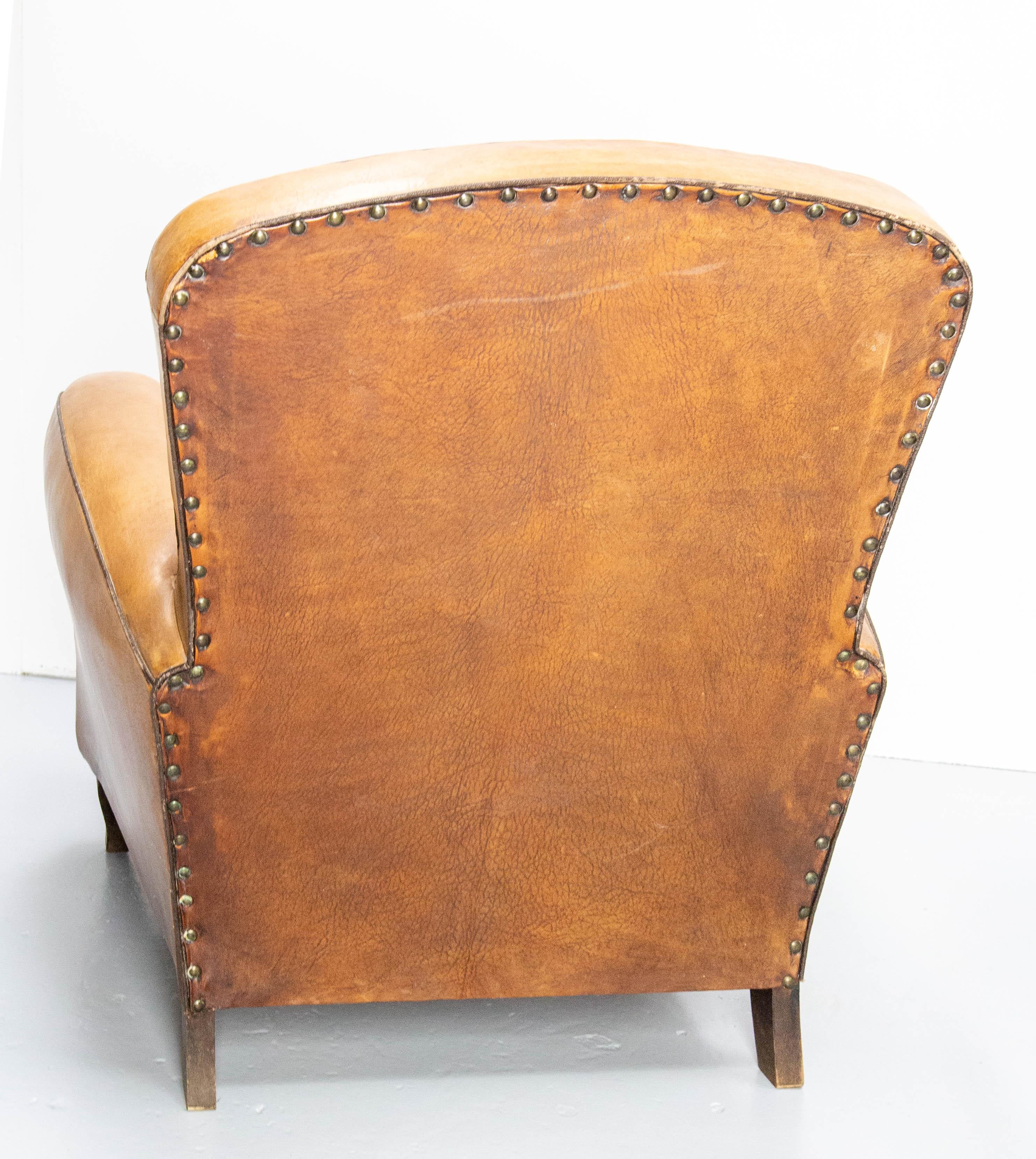 Antique Pair Club Armchair Fauteuil Cognac Leather & Studs French, circa 1940 11