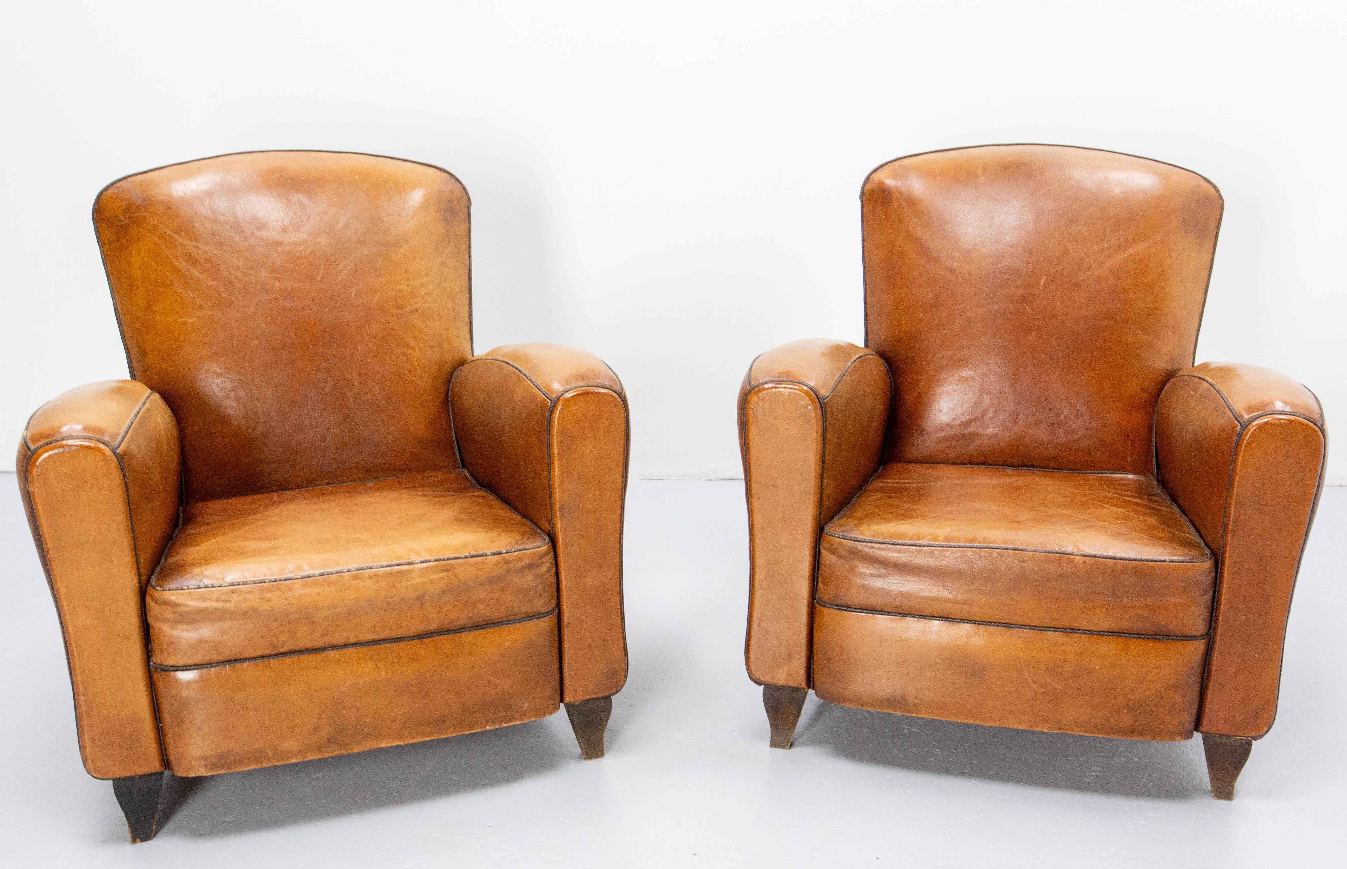 Antique Pair Club Armchair Fauteuil Cognac Leather & Studs French, circa 1940 In Distressed Condition In Labrit, Landes