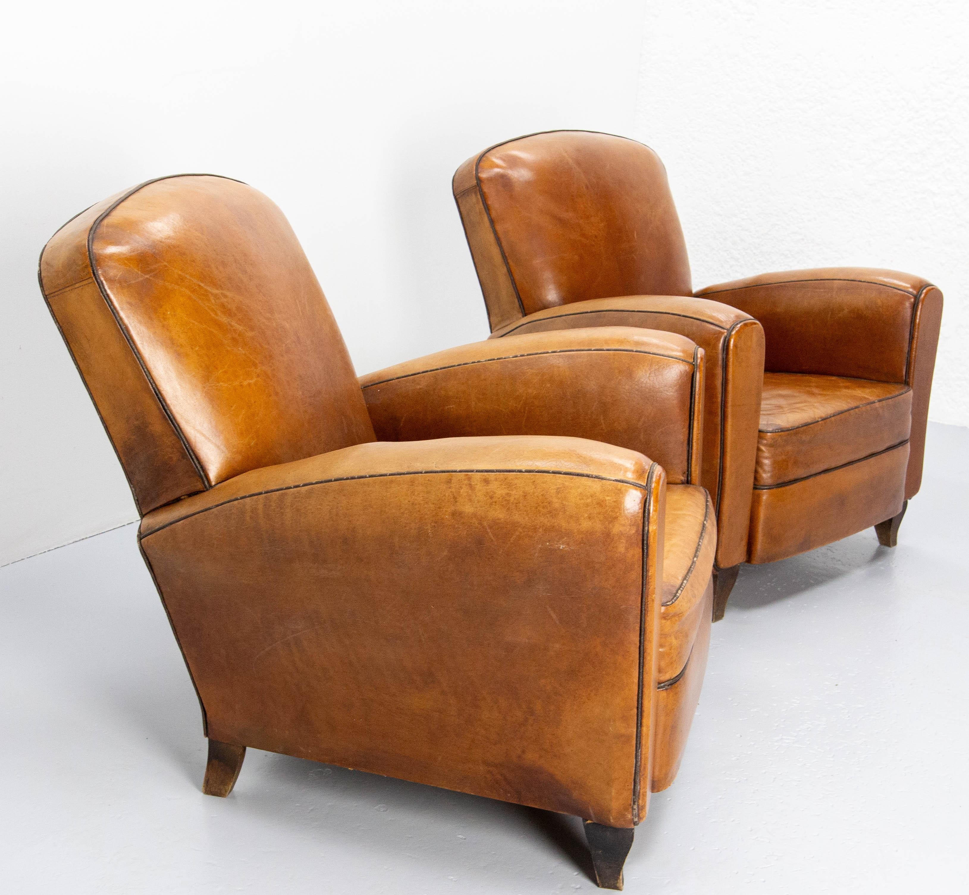 Mid-20th Century Antique Pair Club Armchair Fauteuil Cognac Leather & Studs French, circa 1940