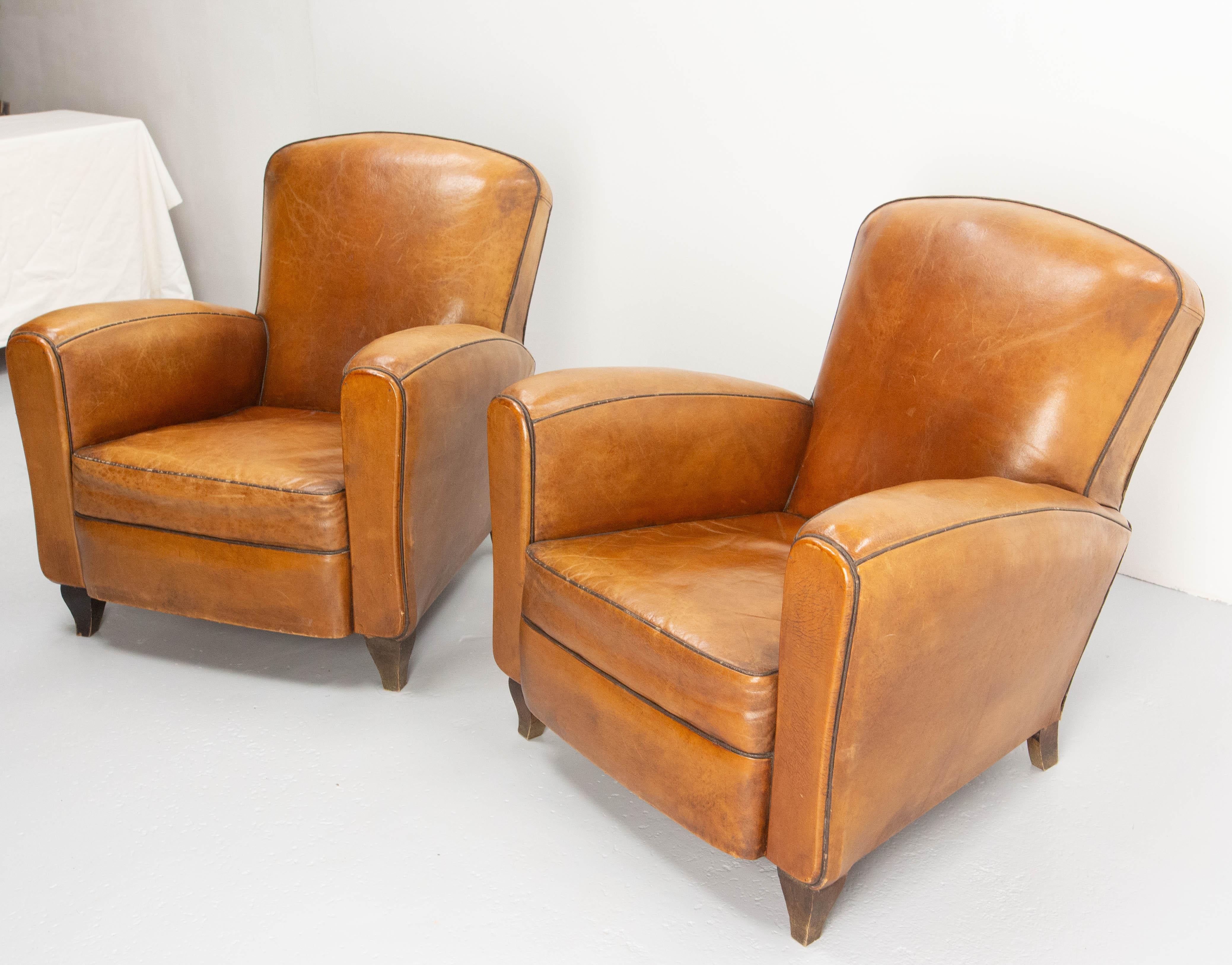 Antique Pair Club Armchair Fauteuil Cognac Leather & Studs French, circa 1940 1