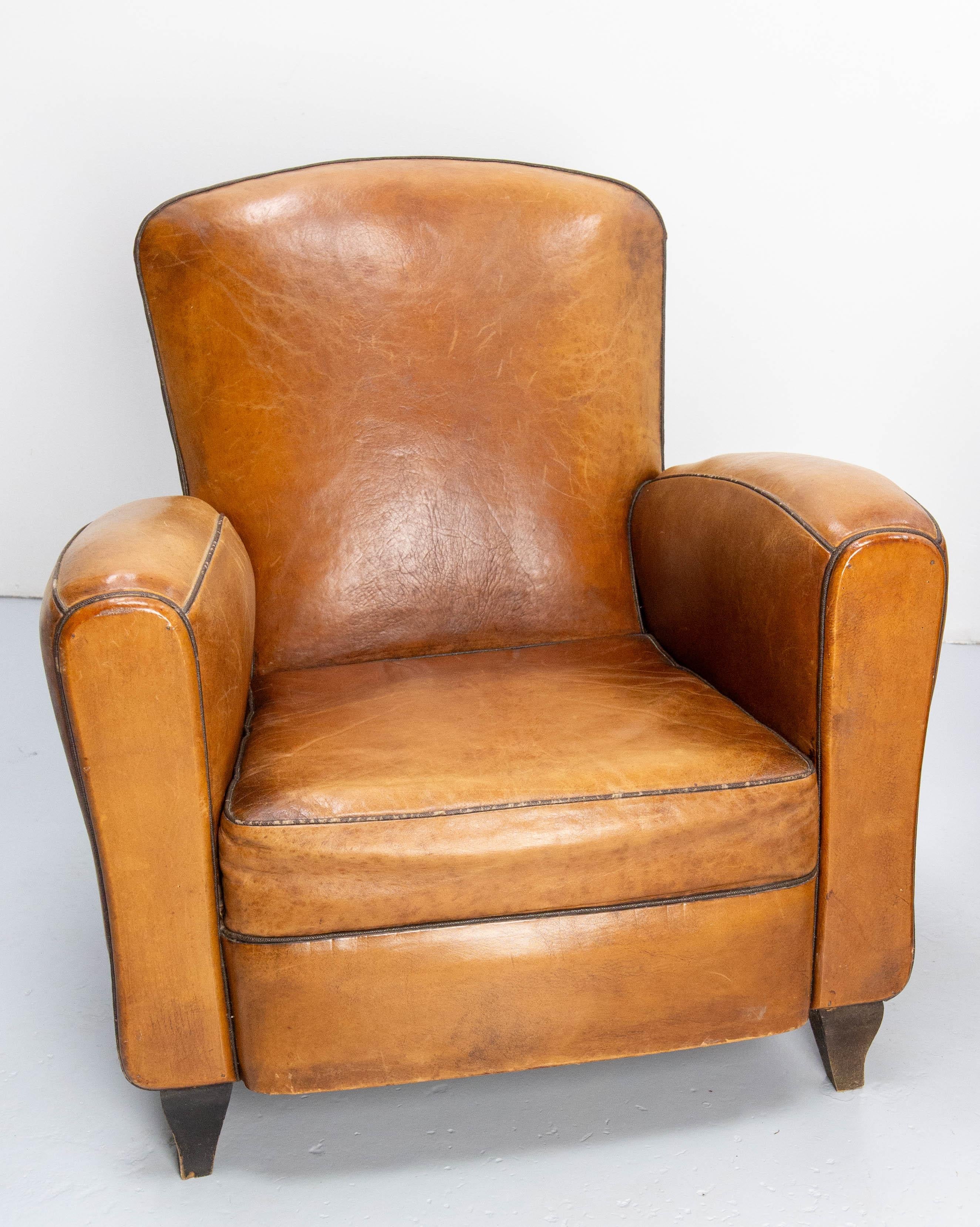 Antique Pair Club Armchair Fauteuil Cognac Leather & Studs French, circa 1940 2