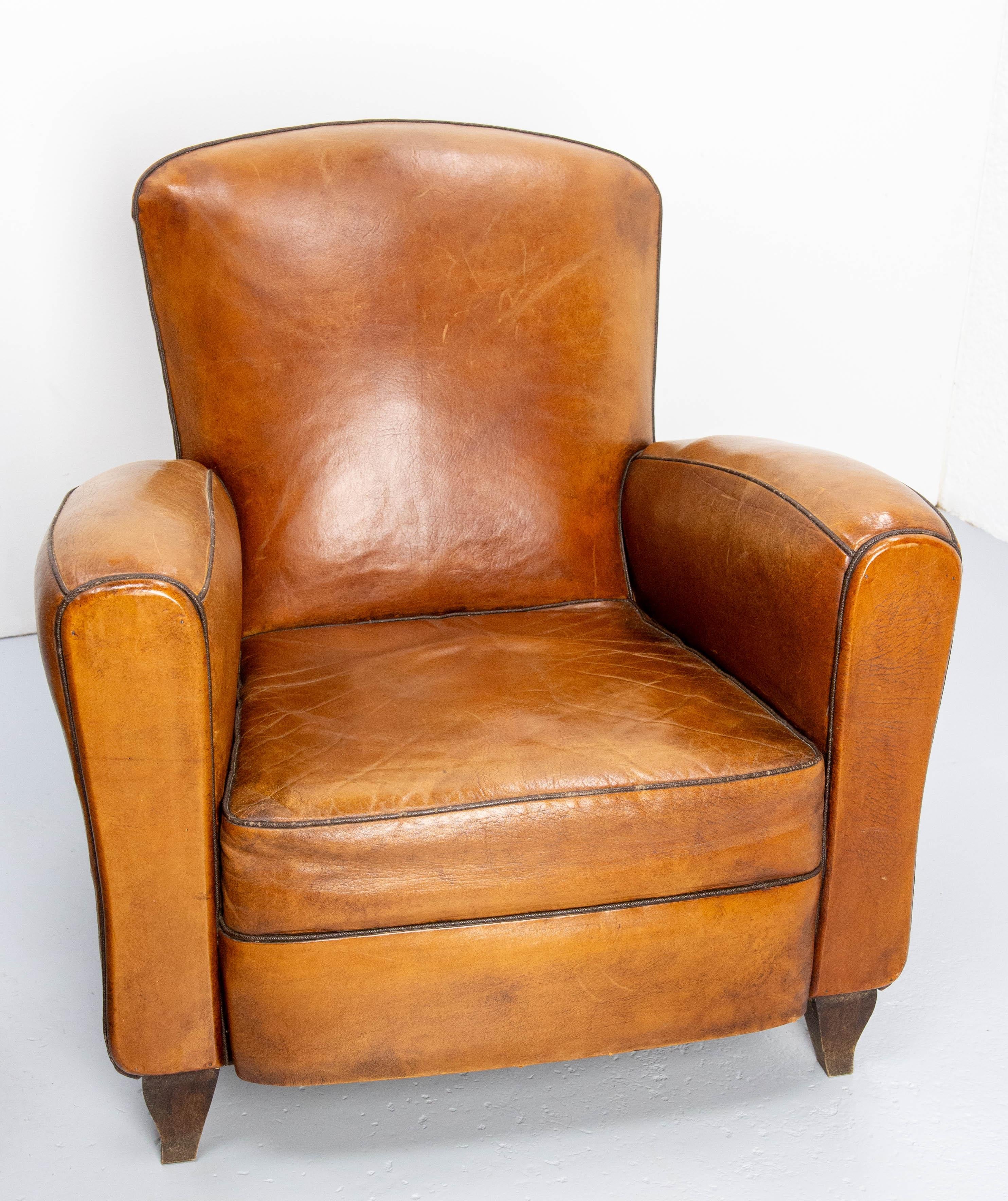 Antique Pair Club Armchair Fauteuil Cognac Leather & Studs French, circa 1940 3