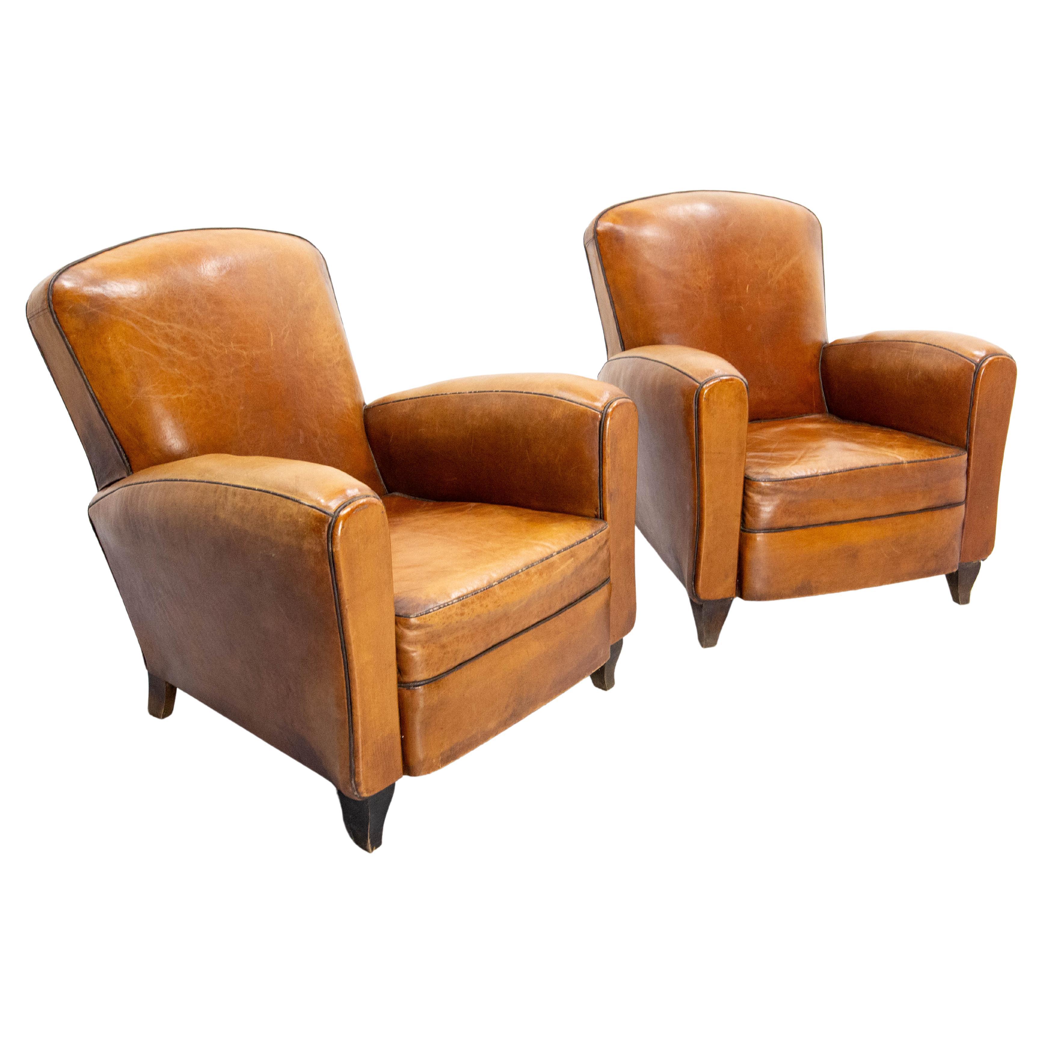 Antique Pair Club Armchair Fauteuil Cognac Leather & Studs French, circa 1940