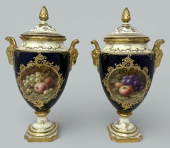 Antique Pair Coalport Painted Vases Urn Frederick Chivers Still Life Fruits 1910