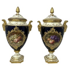 Antique Pair Coalport Painted Vases Urn Frederick Chivers Still Life Fruits 1910