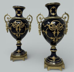 Antique Pair Cobalt Blue French Sèvres Porcelain Ormolu Urns Vases Garnitures