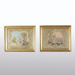 Antique Pair Colonial Style Framed Needlework In Giltwood Frames C1900