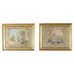 Antique Pair Colonial Style Framed Needlework In Giltwood Frames C1900