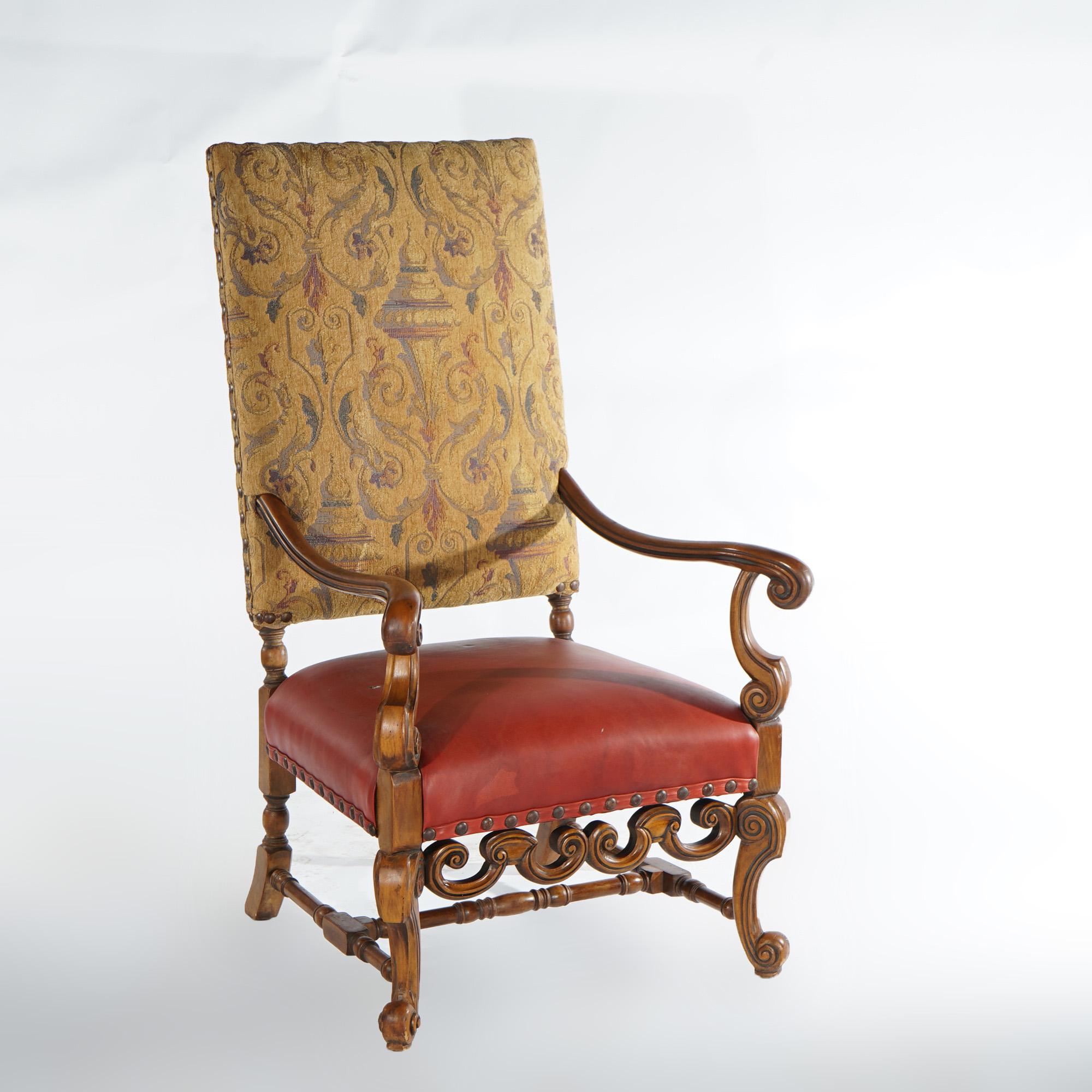 An antique pair of Continental Baroque throne chairs offer walnut frames with high upholstered backs, carved scroll form arms, aprons and legs, c1920

Measure - 52