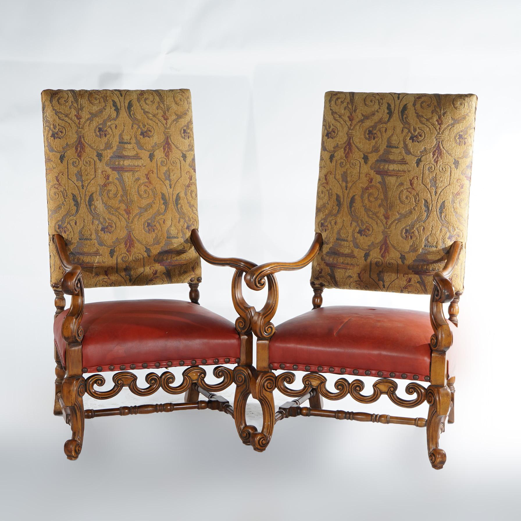 20th Century Antique Pair Continental Baroque Carved Walnut Throne Chairs Circa1920 For Sale