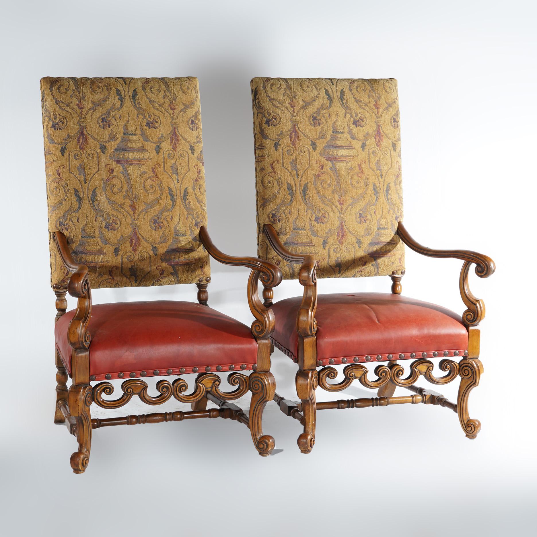 Upholstery Antique Pair Continental Baroque Carved Walnut Throne Chairs Circa1920 For Sale