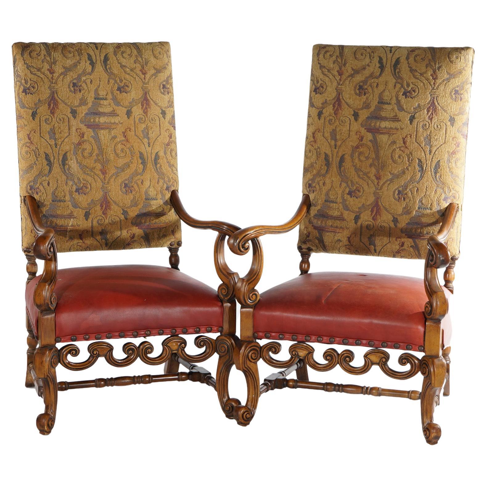 Antique Pair Continental Baroque Carved Walnut Throne Chairs Circa1920 For Sale