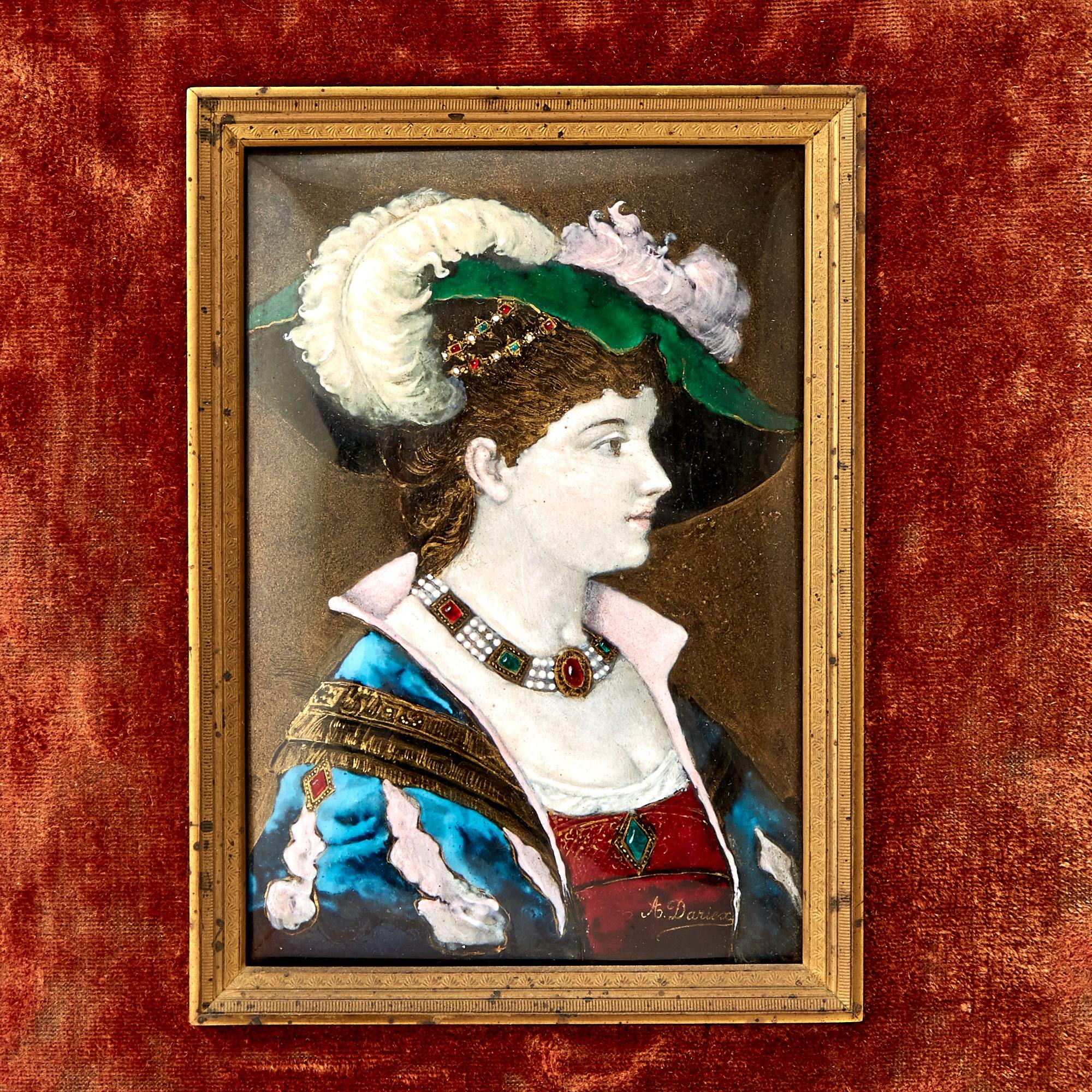 This exquisite pair of antique Limoges wall plaques showcases the elegance and artistry of French craftsmanship. Each plaque features a finely enameled portrait of a lady in profile, dressed in Renaissance-style attire, capturing intricate details