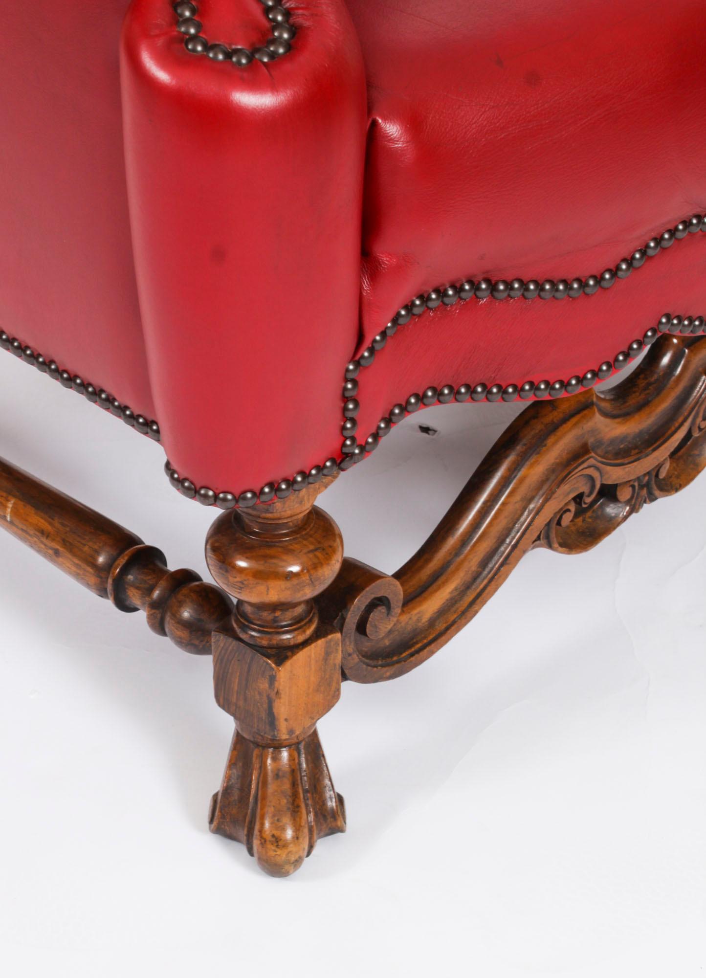 Antique Pair Crimson Leather Chippendale Wingback Throne Armchairs 20th Century For Sale 6