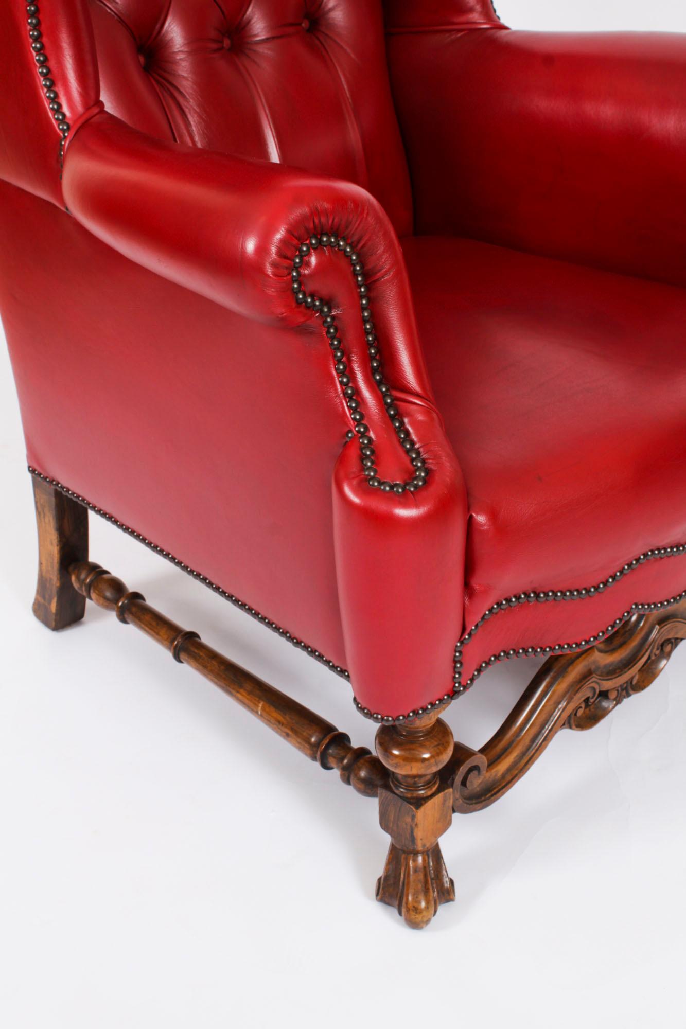 Antique Pair Crimson Leather Chippendale Wingback Throne Armchairs 20th Century For Sale 7