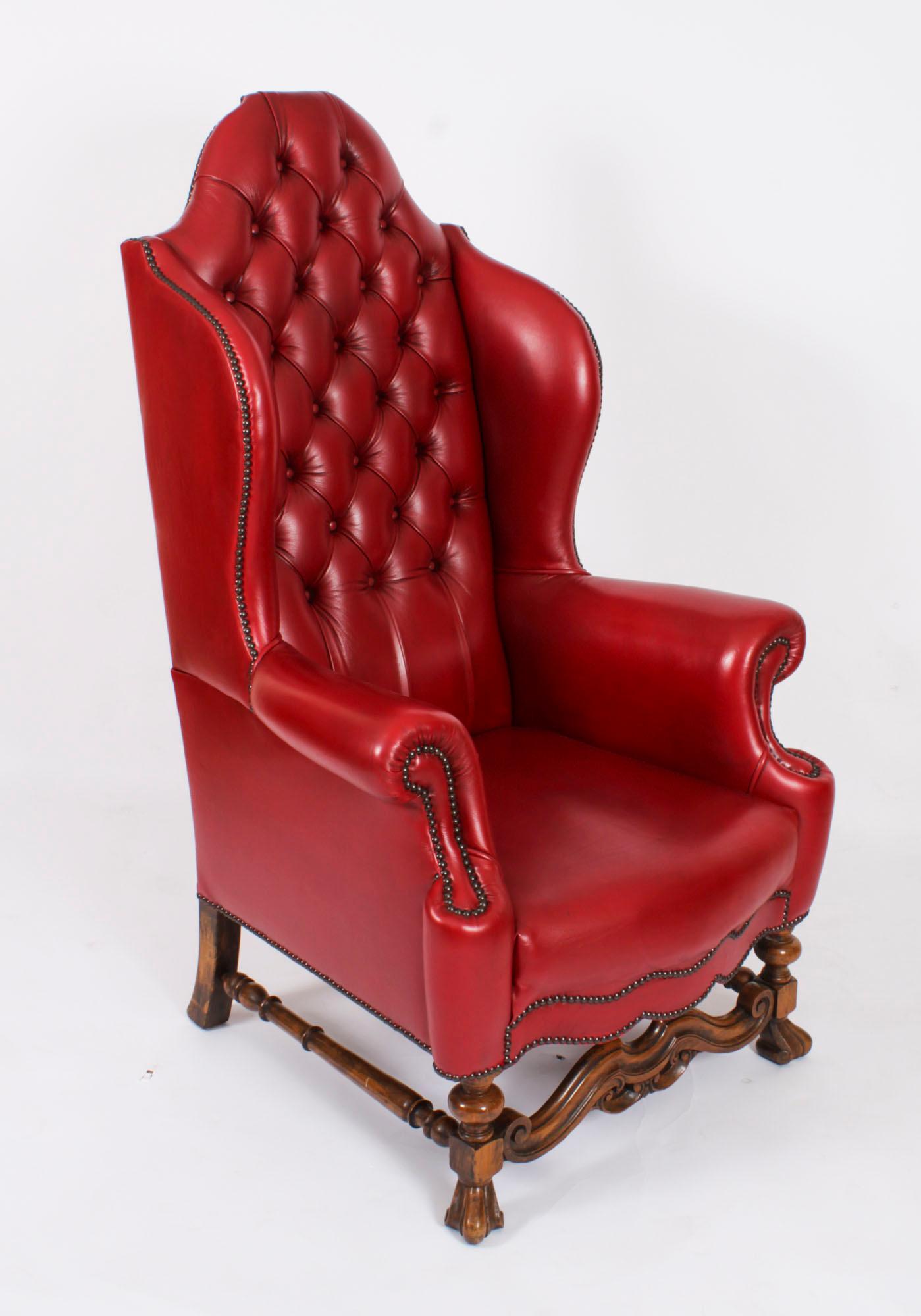 Antique Pair Crimson Leather Chippendale Wingback Throne Armchairs 20th Century For Sale 8