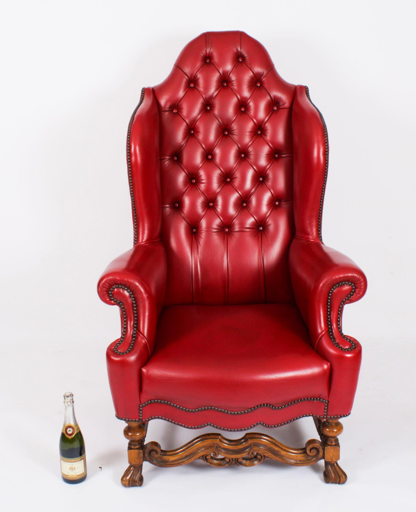 Antique Pair Crimson Leather Chippendale Wingback Throne Armchairs 20th Century For Sale 13