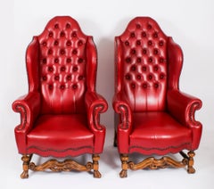 Antique Pair Crimson Leather Chippendale Wingback Throne Armchairs 20th Century