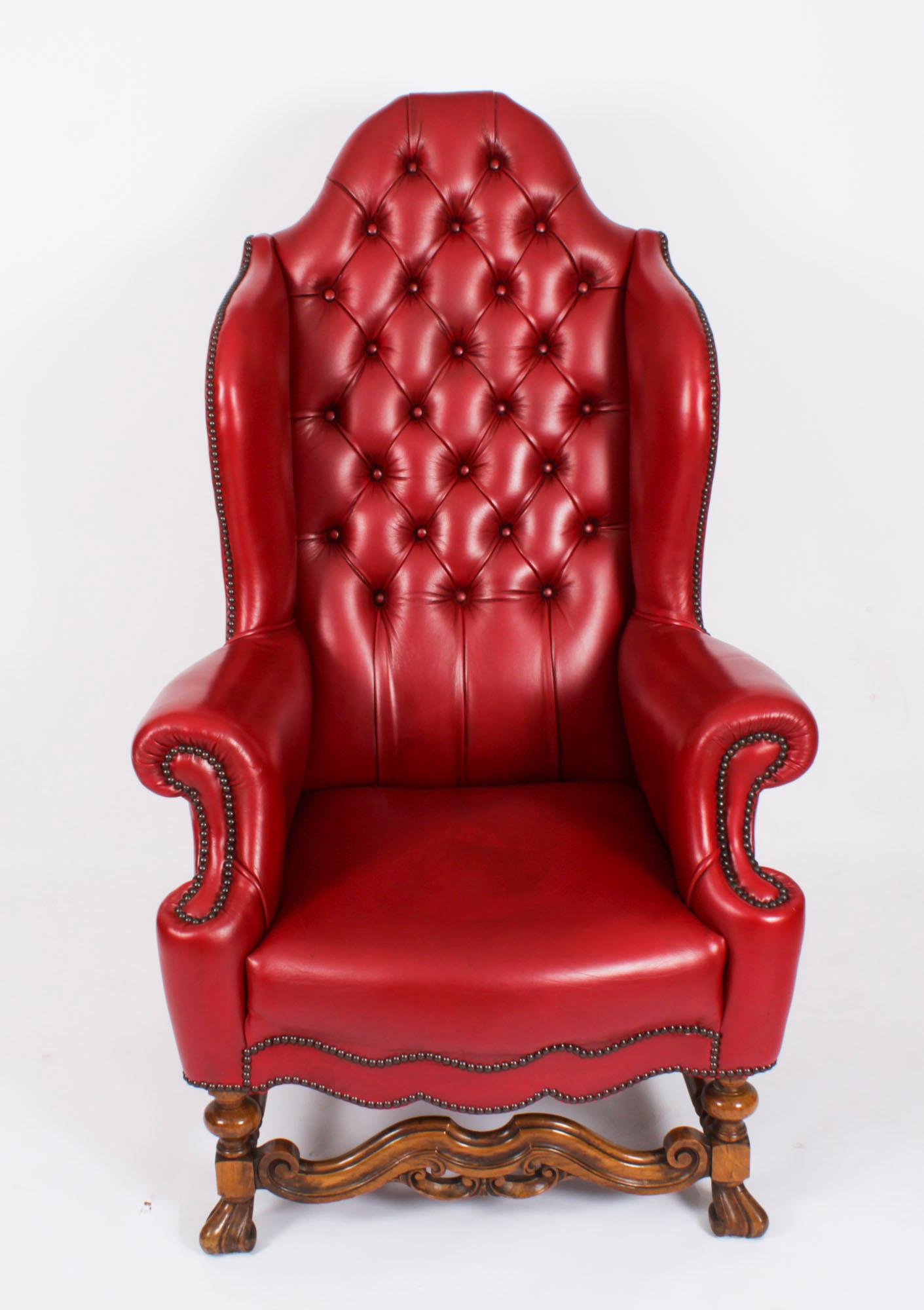 English Antique Pair Crimson Leather Chippendale Wingback Throne Armchairs 20th Century For Sale