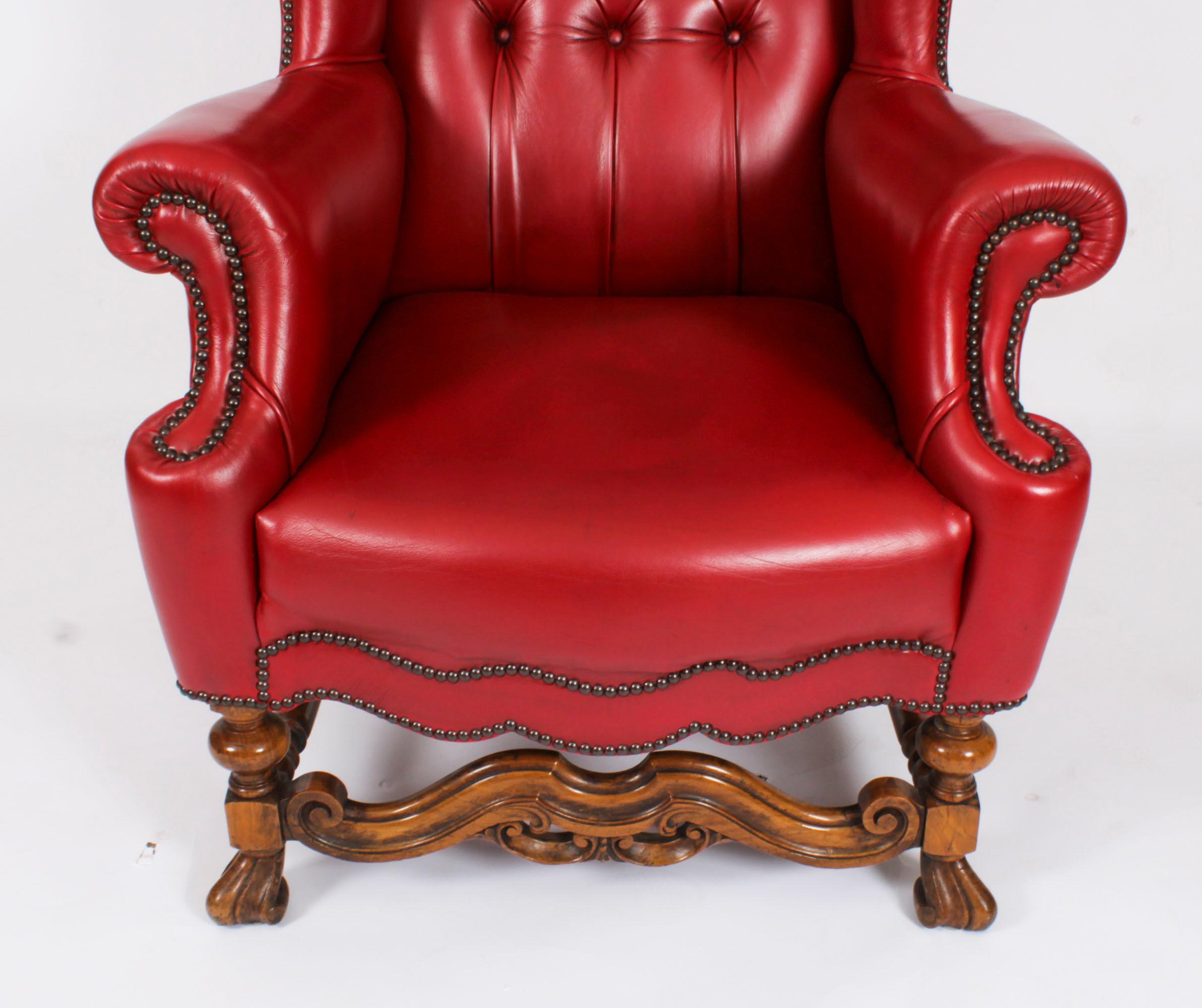 Antique Pair Crimson Leather Chippendale Wingback Throne Armchairs 20th Century For Sale 1
