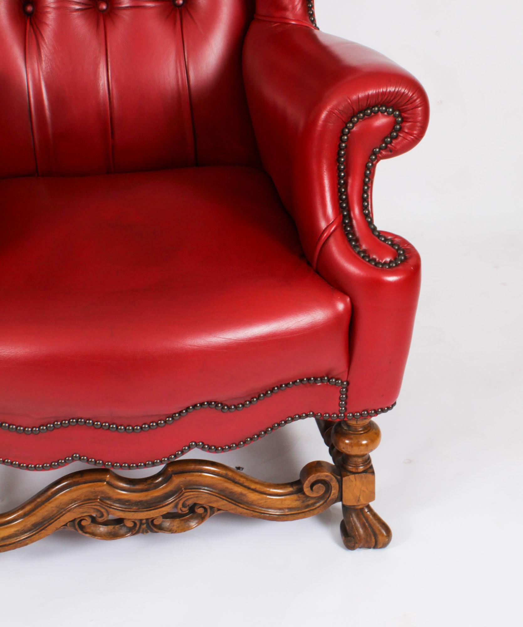Antique Pair Crimson Leather Chippendale Wingback Throne Armchairs 20th Century For Sale 2