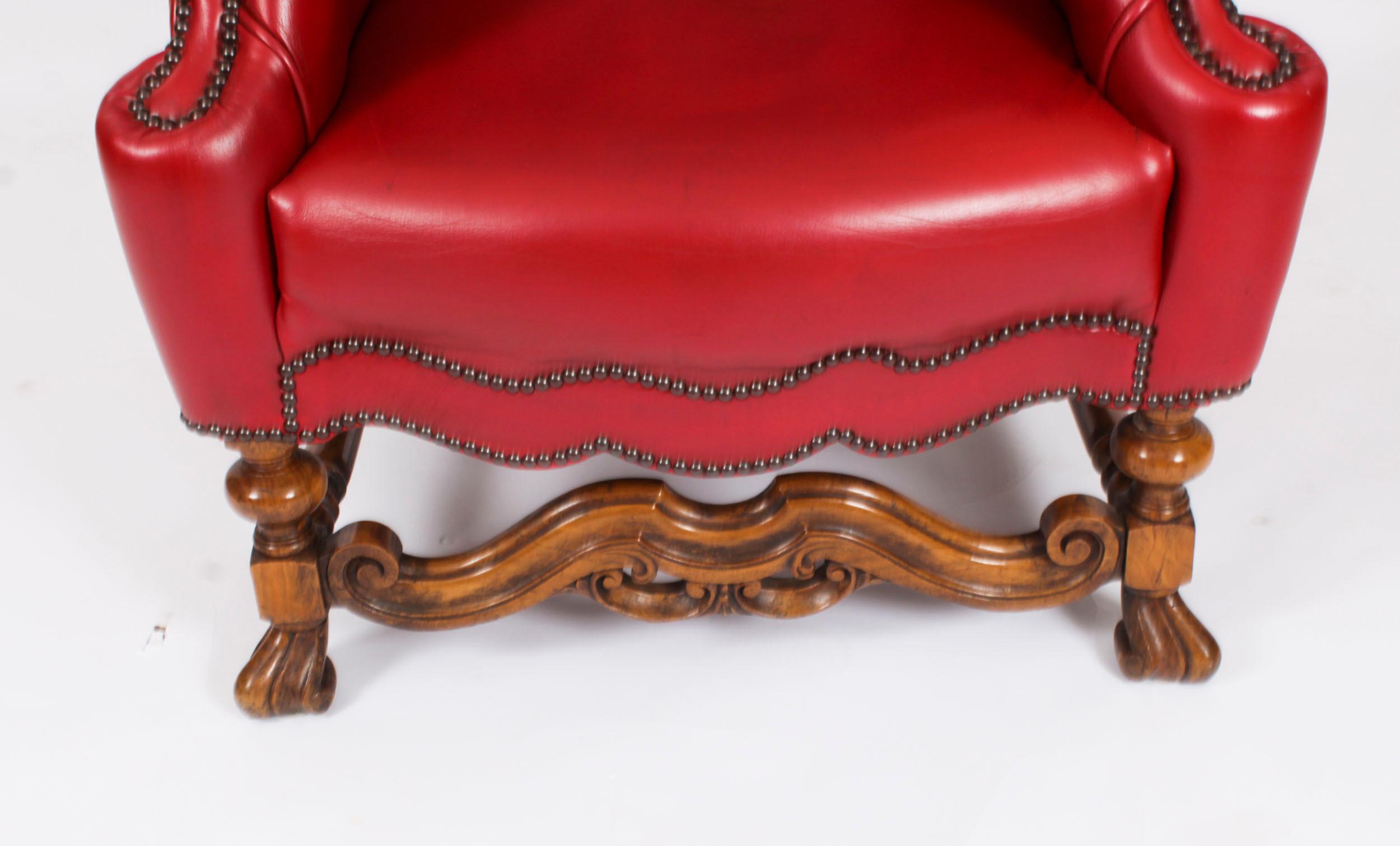Antique Pair Crimson Leather Chippendale Wingback Throne Armchairs 20th Century For Sale 3