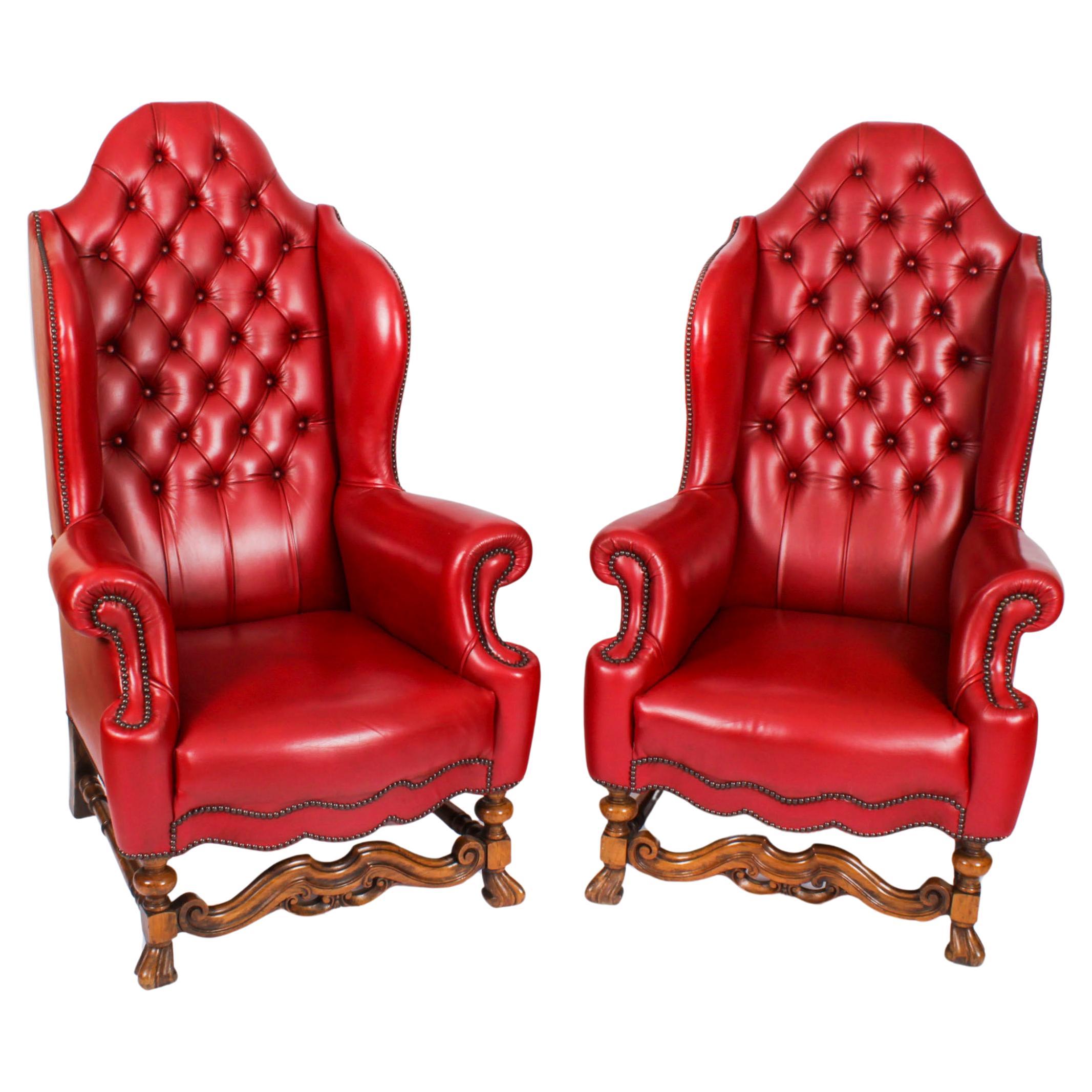 Antique Pair Crimson Leather Chippendale Wingback Throne Armchairs 20th Century
