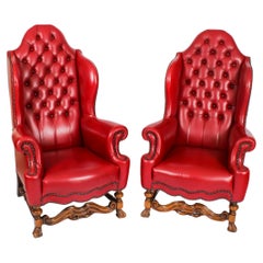 Antique Pair Crimson Leather Chippendale Wingback Throne Armchairs 20th Century