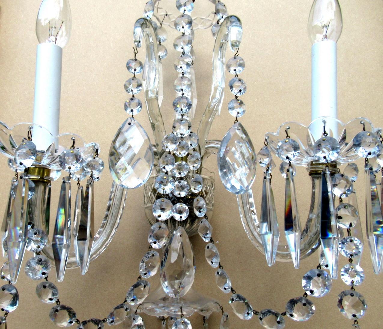 Hand-Carved Antique Pair Cut Crystal Wall Brackets Lights Sconces Appliques Attrib F C Osler