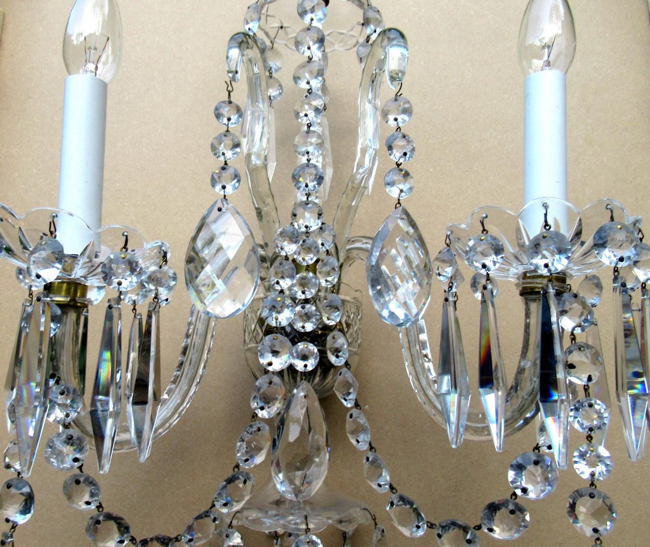 19th Century Antique Pair Cut Crystal Wall Brackets Lights Sconces Appliques Attrib F C Osler