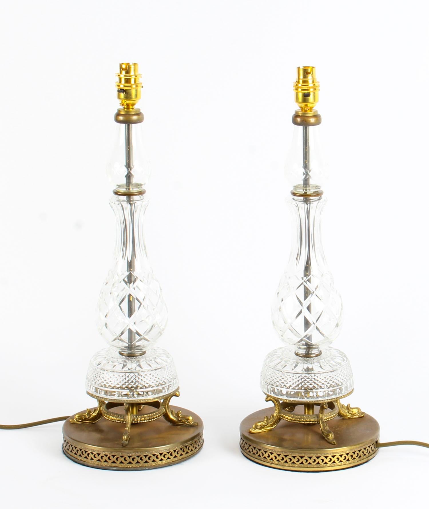 Antique Pair of Cut-Glass and Bronze Table Lamps, 1930s 4