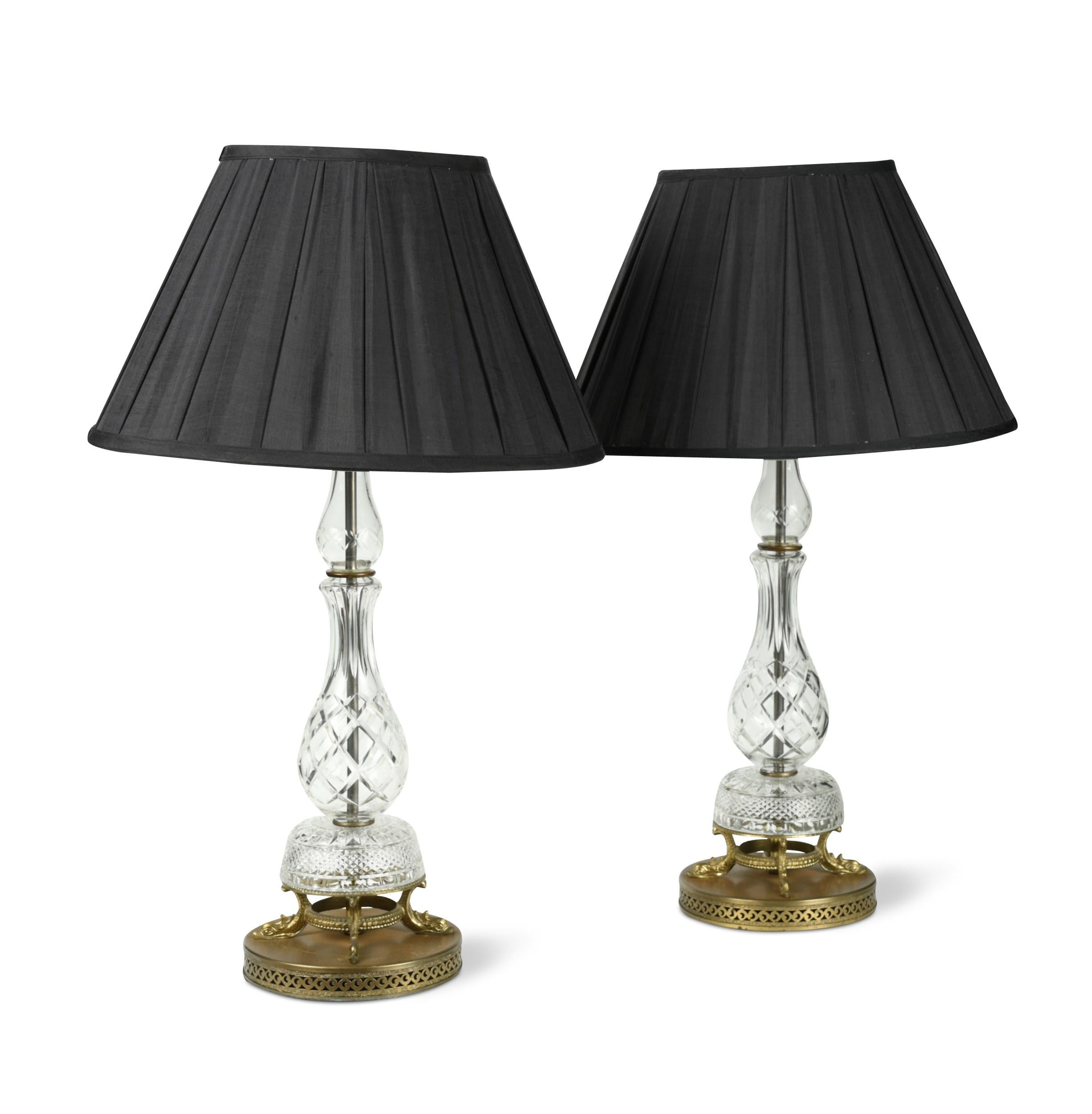 Antique Pair of Cut-Glass and Bronze Table Lamps, 1930s 3