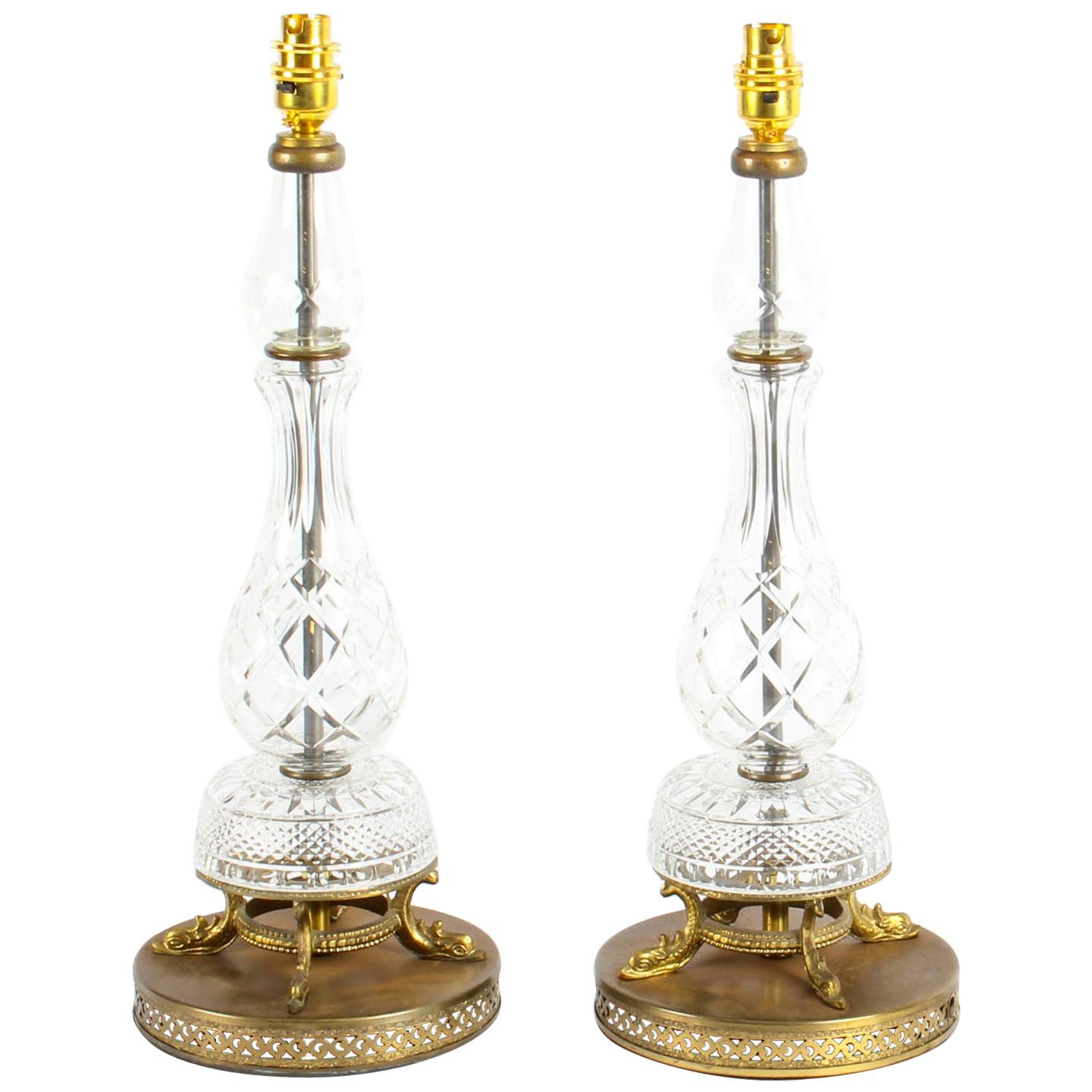 Antique Pair of Cut-Glass and Bronze Table Lamps, 1930s
