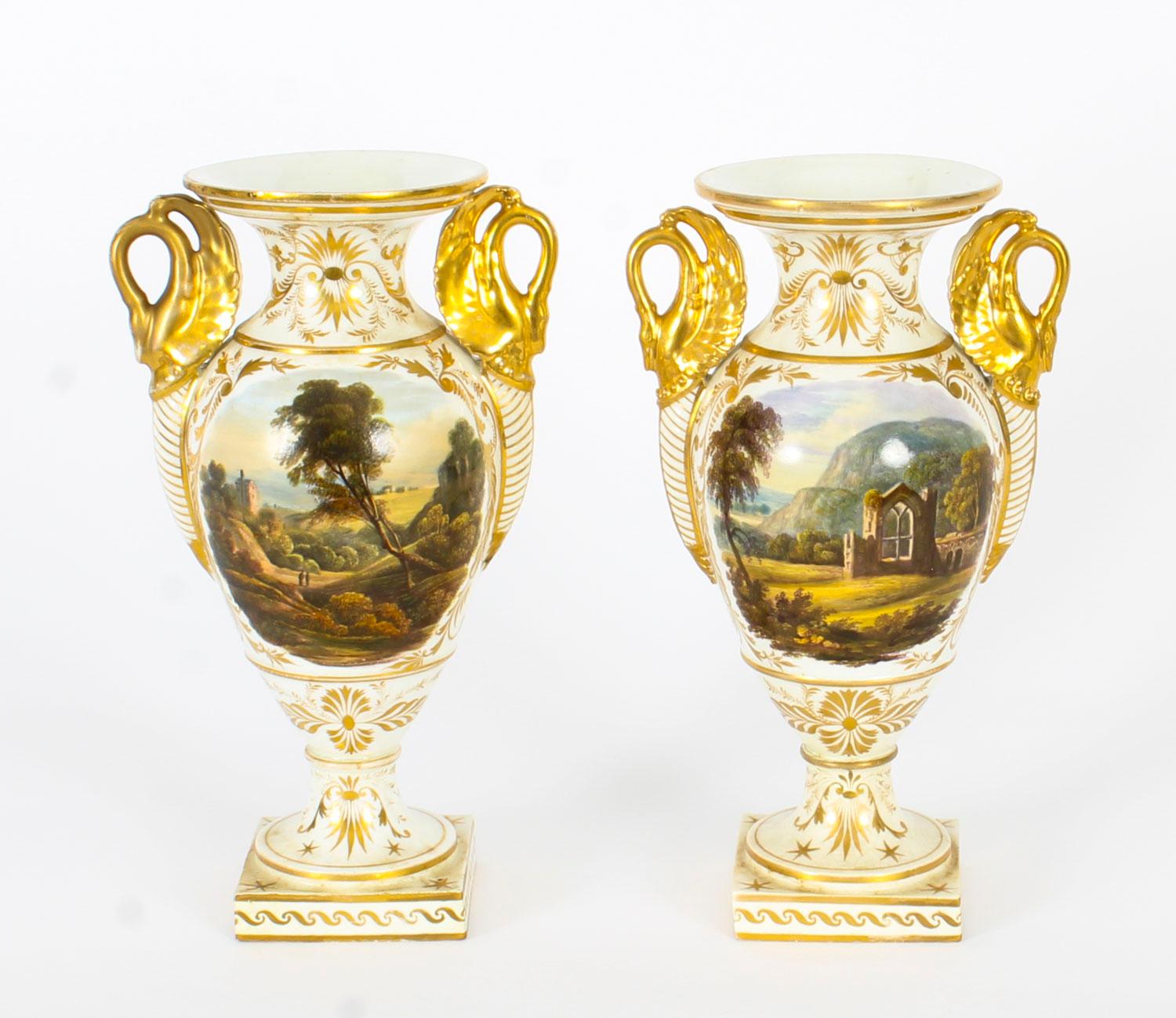 Antique Pair Derby Gilt Swan Neck Handled Ovoid Cabinet Vases, 18th Century 13