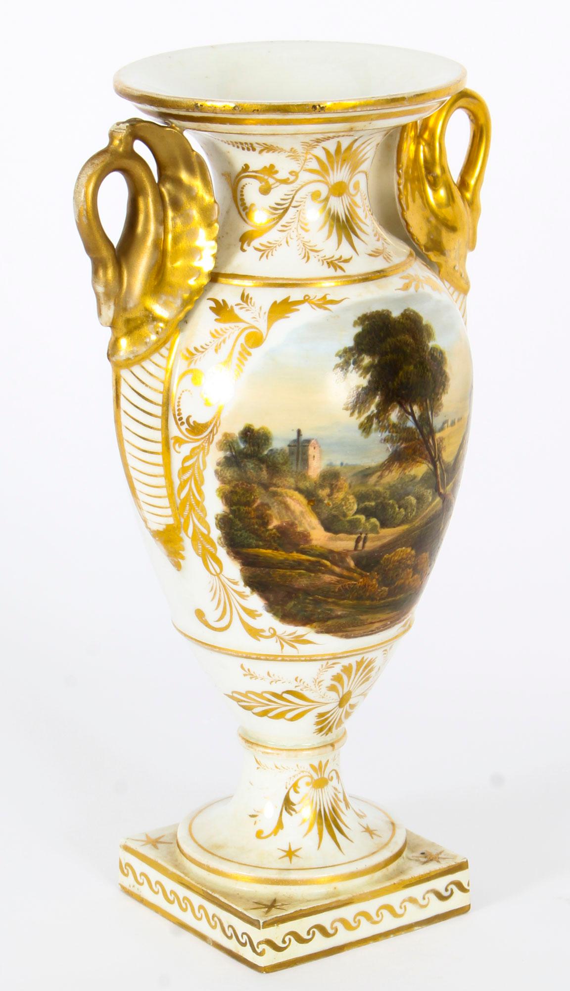 Porcelain Antique Pair Derby Gilt Swan Neck Handled Ovoid Cabinet Vases, 18th Century