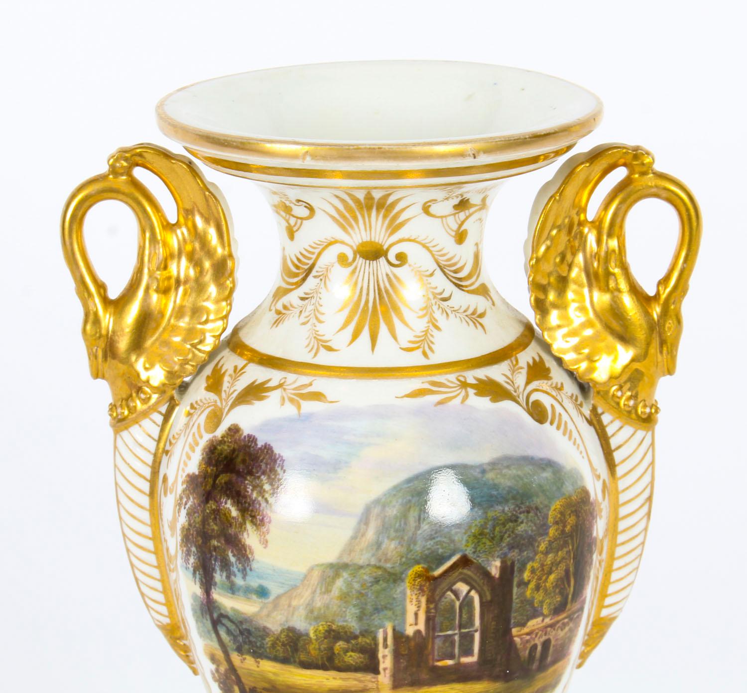 Antique Pair Derby Gilt Swan Neck Handled Ovoid Cabinet Vases, 18th Century 1