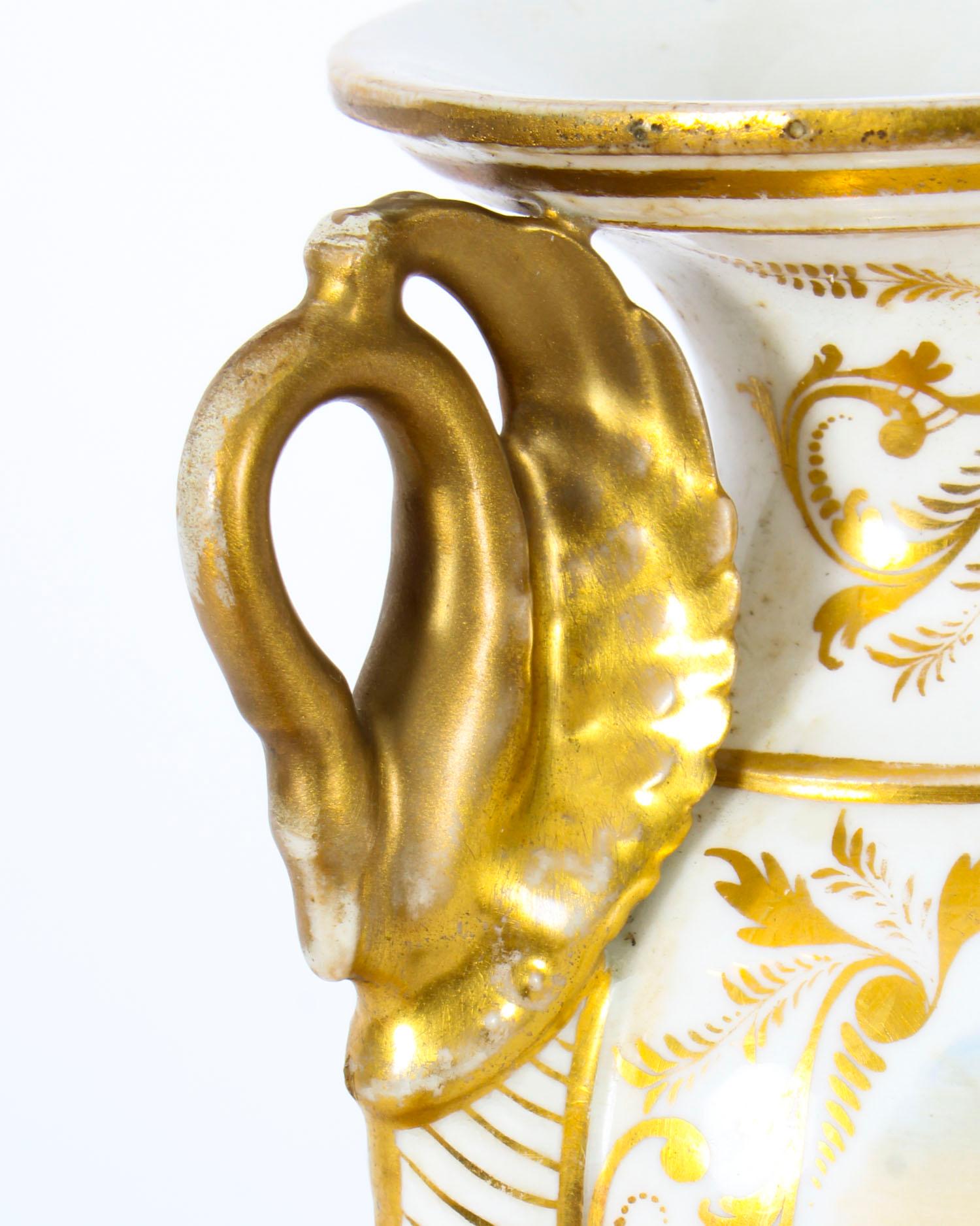 Antique Pair Derby Gilt Swan Neck Handled Ovoid Cabinet Vases, 18th Century 2