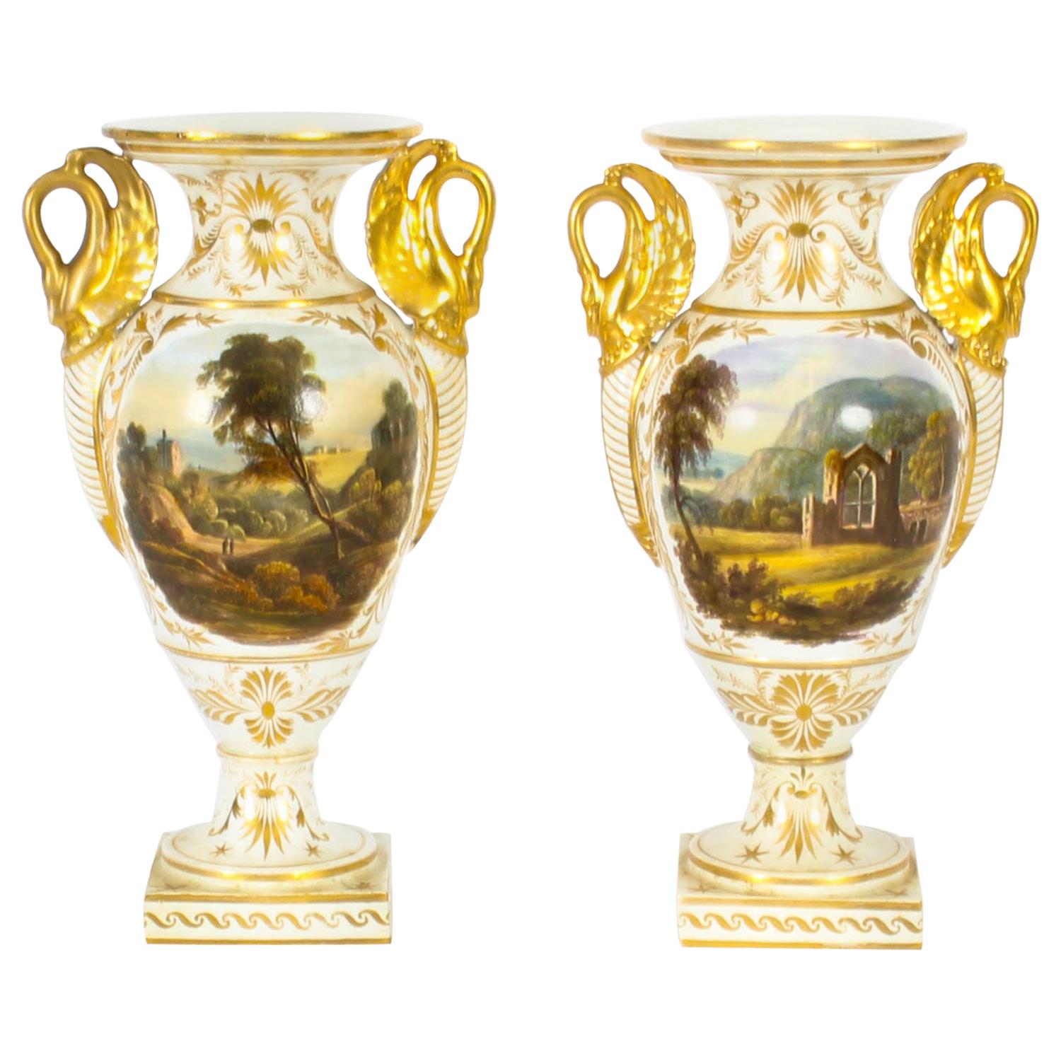 Antique Pair Derby Gilt Swan Neck Handled Ovoid Cabinet Vases, 18th Century