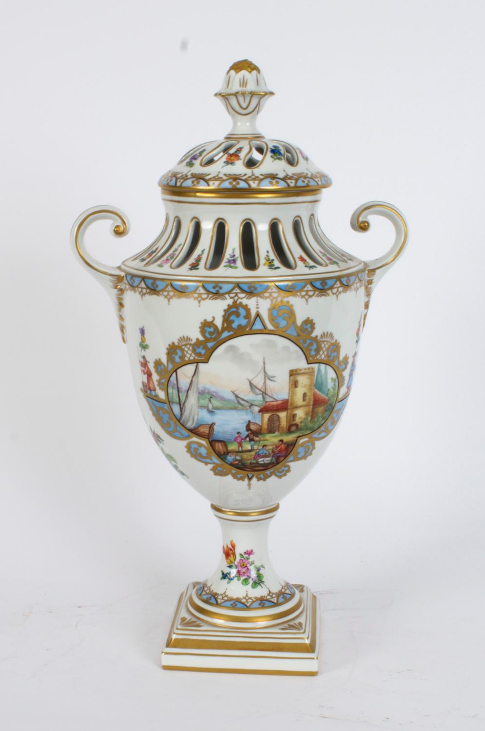 Antique Pair Dresden Porcelain Pot Pourri Lidded Vases 1920s 20th C For Sale 9